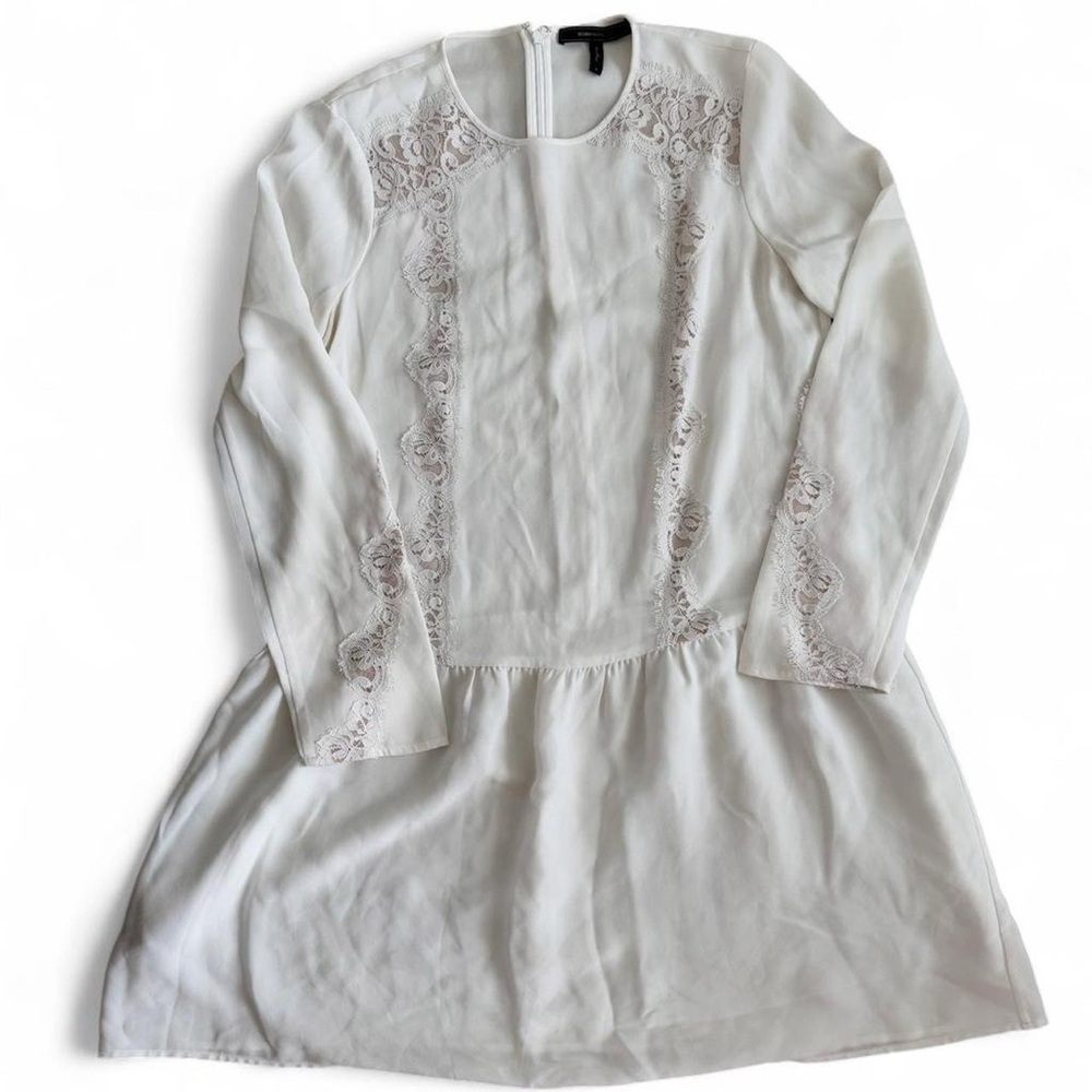 BCBGMaxAzria Ivory Lace-Trim Long Sleeve Dress